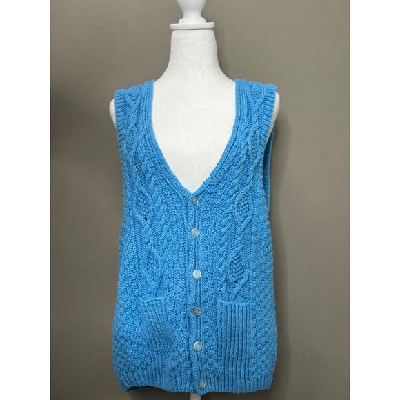 Fashionable Blue Mens Cardigan Medium Comfortable Crochet Wool Vest Buttons Knit - Picture 1 of 8